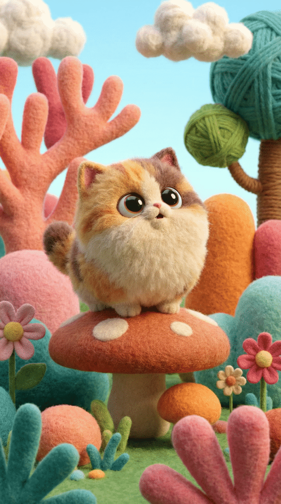 Create Viral 3D Images With This Whimsical Prompt Round, fluffy kitten sitting on a felt mushroom, looking up with big, glossy eyes.